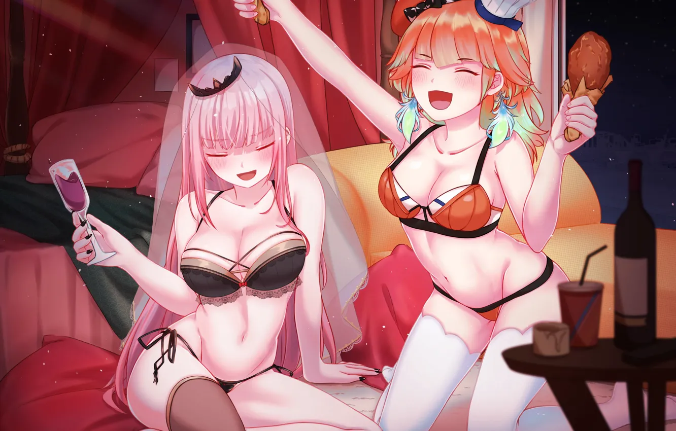 Photo wallpaper sexy, lingerie, bra, cleavage, panties, thighhighs, pink hair, long hair