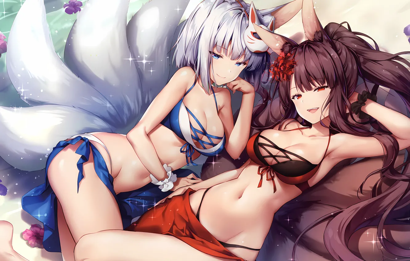 Photo wallpaper sexy, cleavage, long hair, legs, girls, brown hair, boobs, animal ears