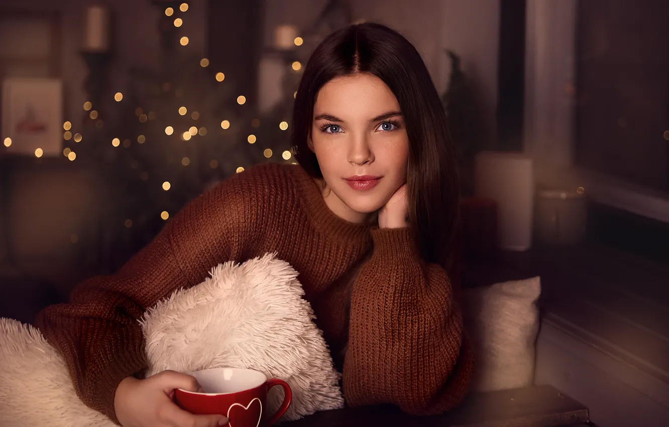 Photo wallpaper look, girl, room, makeup, brunette, mug, bokeh, jumper