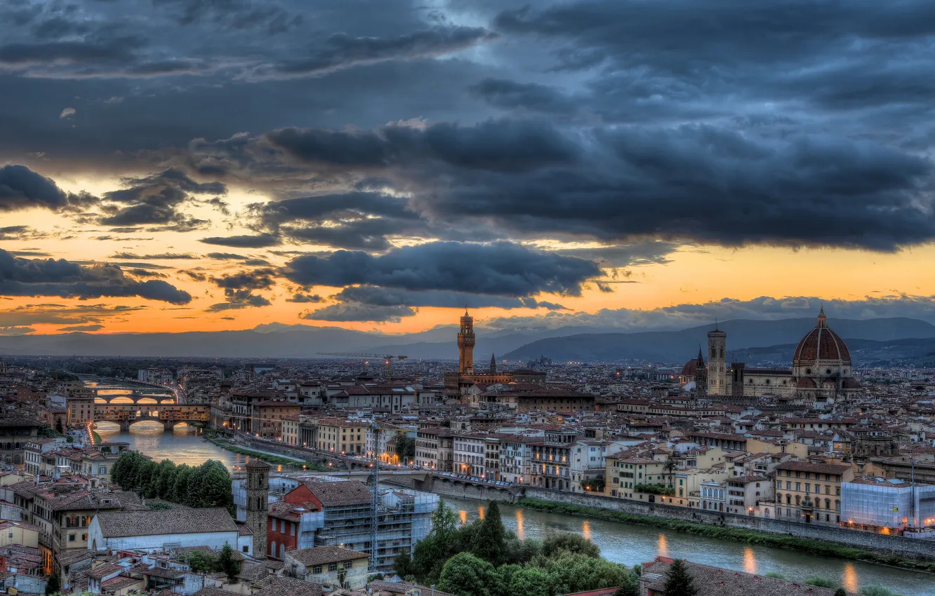 Photo wallpaper sunset, river, building, the evening, Italy, panorama, Florence, Italy