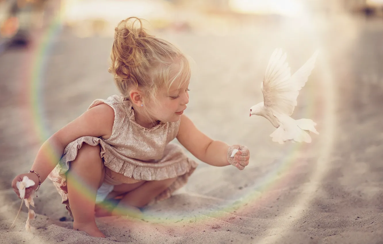 Photo wallpaper sand, bird, dove, dress, girl, baby, child, Daniela Gabay