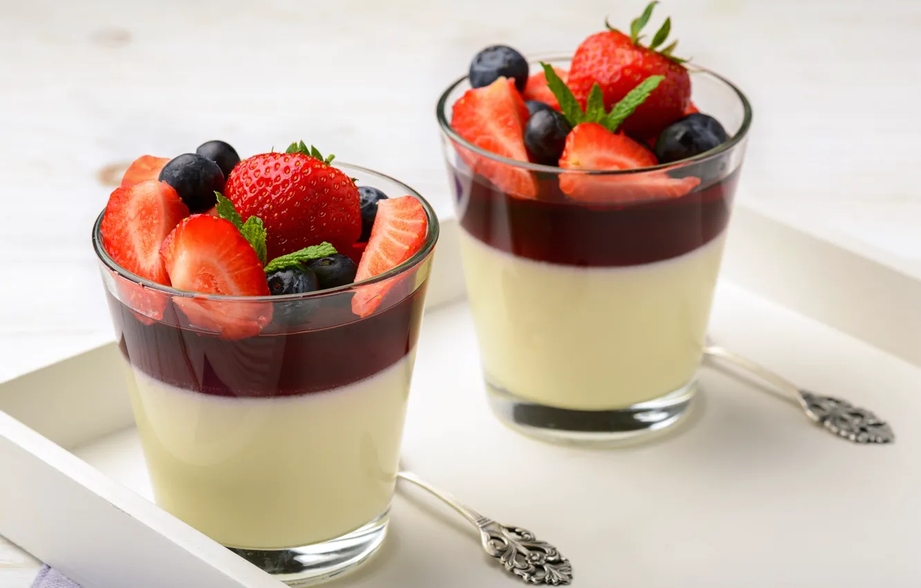 Photo wallpaper berries, blueberries, strawberry, mint, dessert, jelly, Panna cotta, Oleg Bannikov