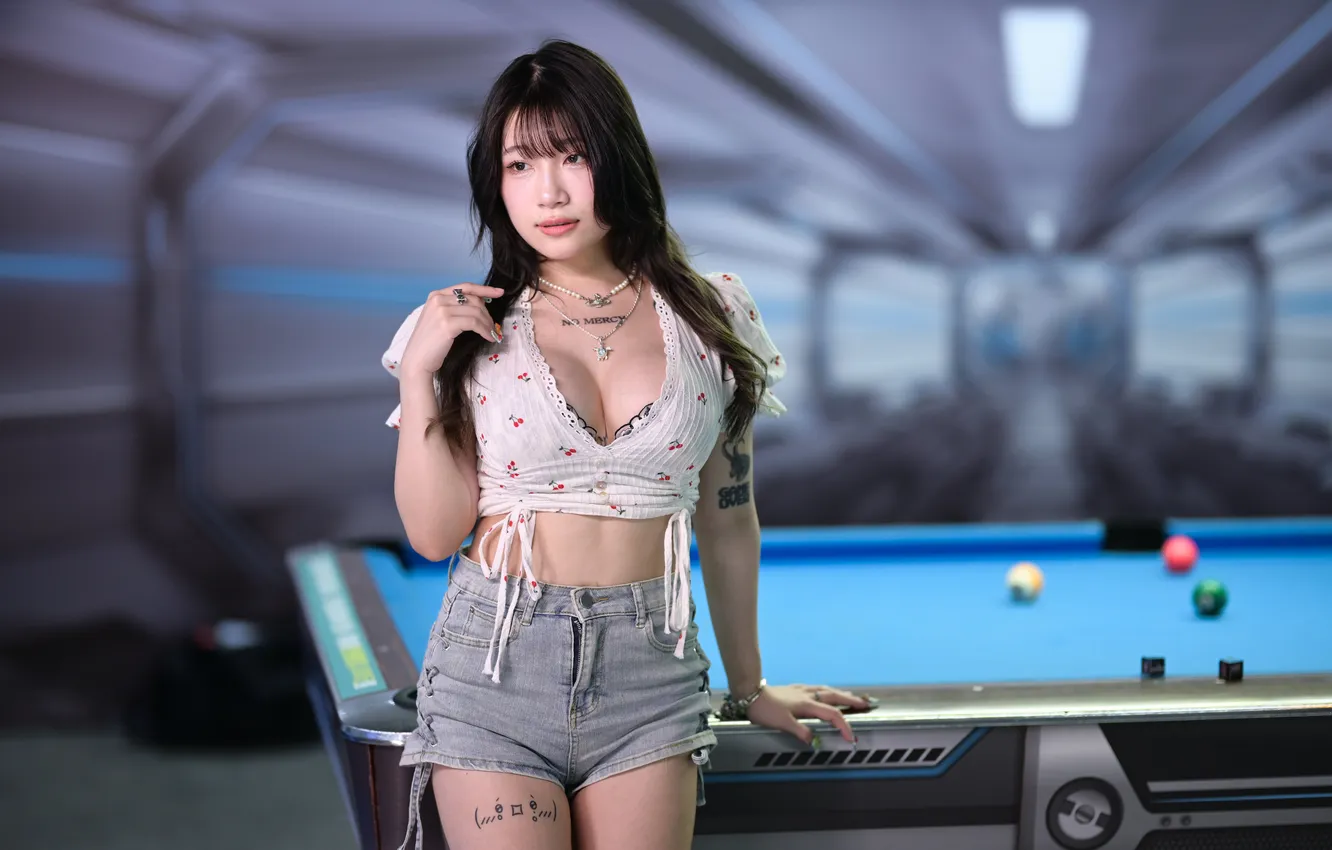 Photo wallpaper girl, Billiards, Asian