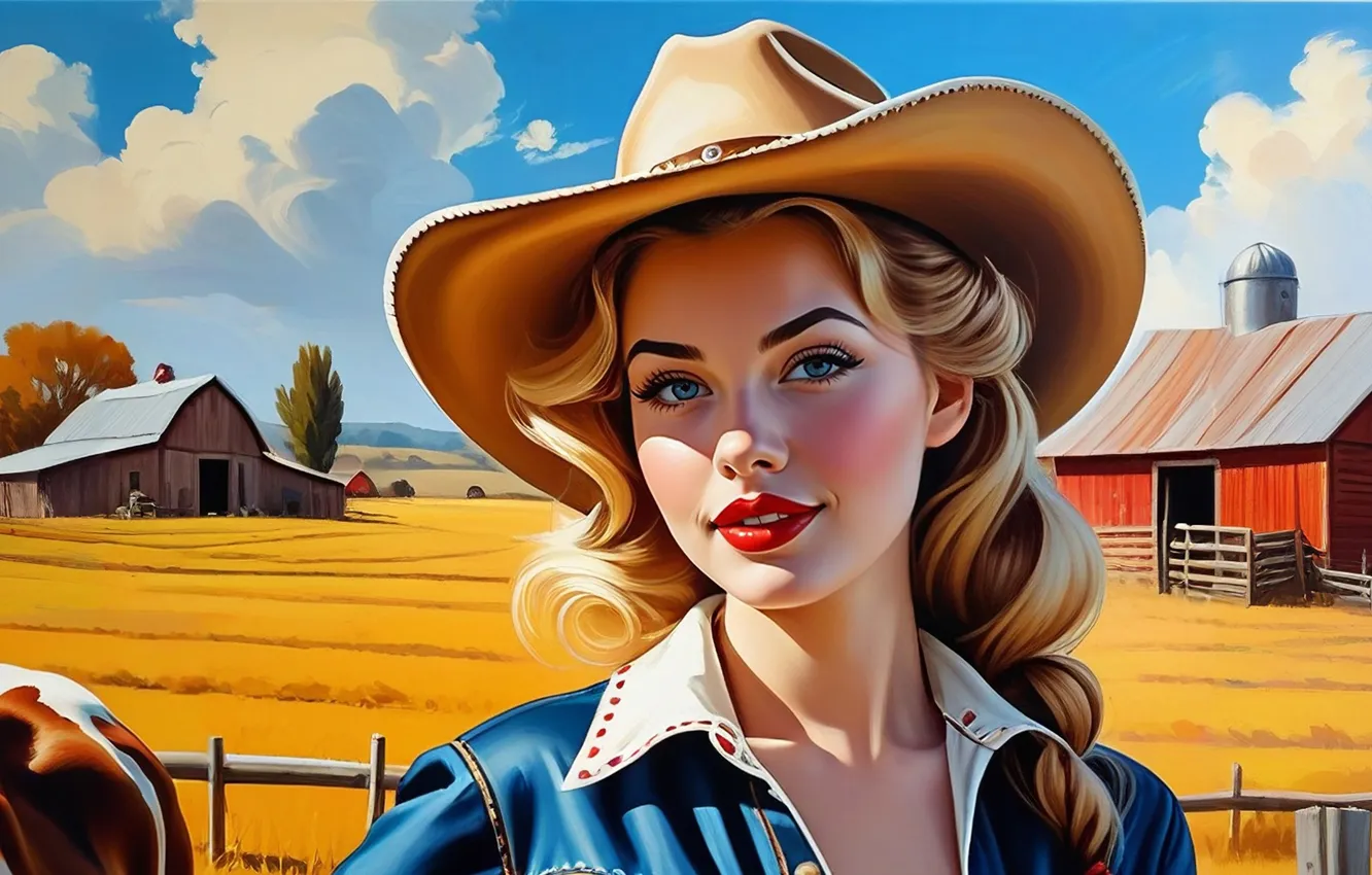 Photo wallpaper girl, hat, farm