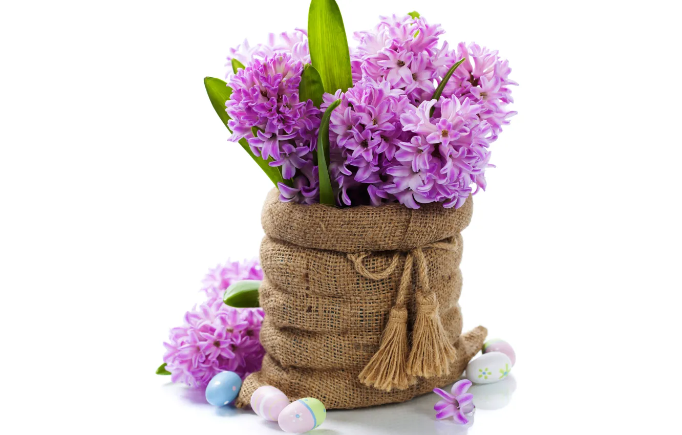 Photo wallpaper eggs, bouquet, flowers, spring, easter, hyacinths, lilac