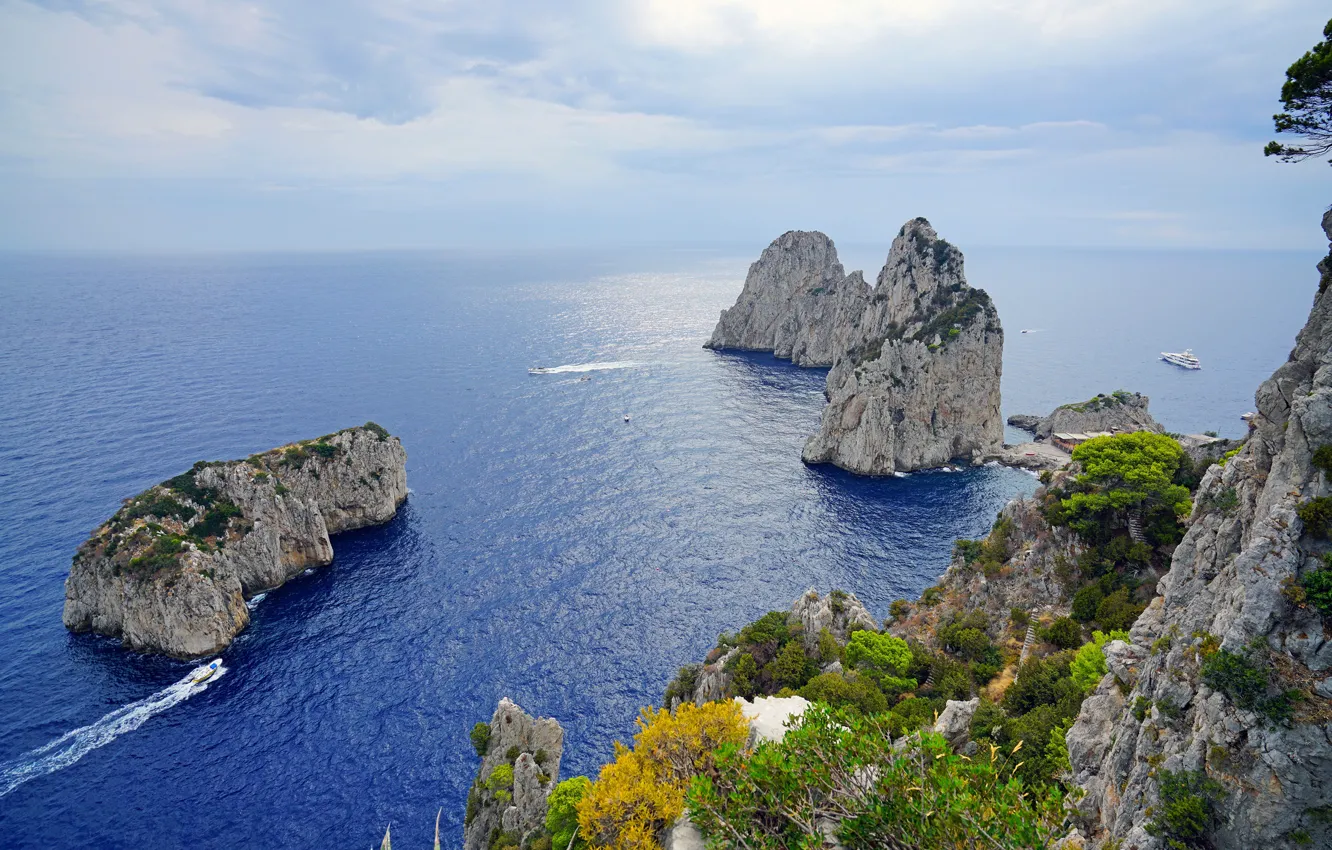 Photo wallpaper sea, the sky, nature, rocks, yacht, Italy, Capri