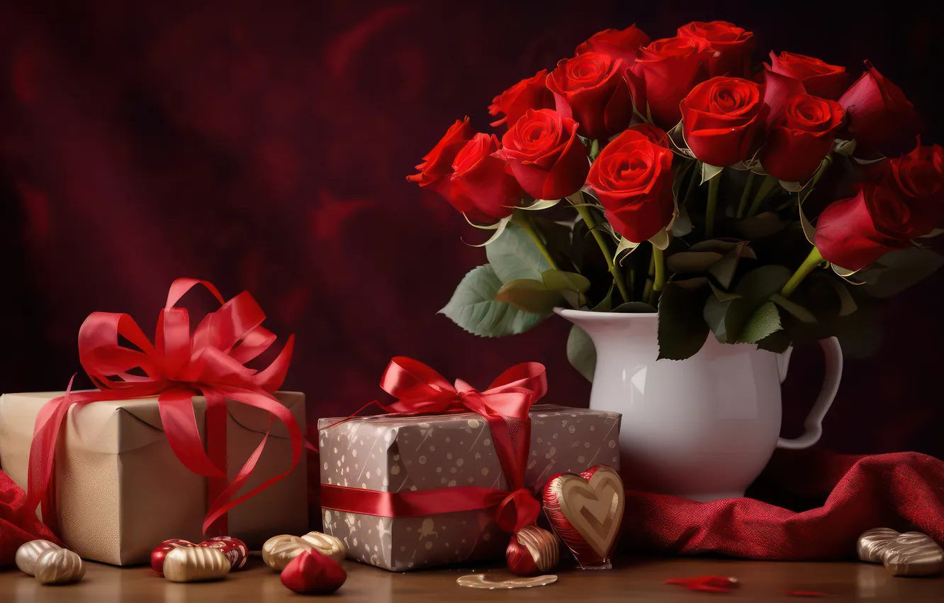 Photo wallpaper love, flowers, gift, romance, heart, roses, love, Valentine's day