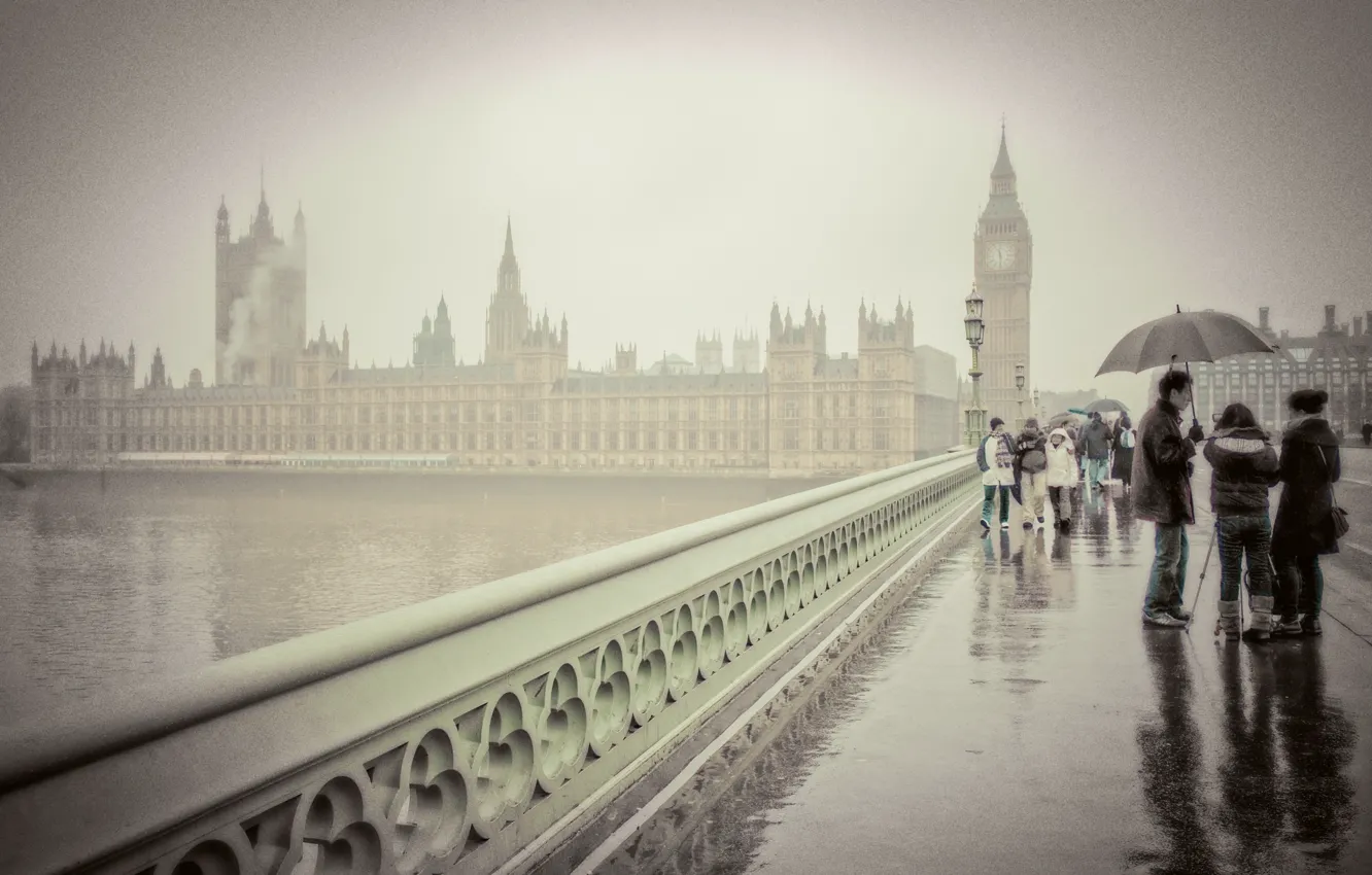 Photo wallpaper bridge, people, London, umbrella, Big Ben, London, Big Ben