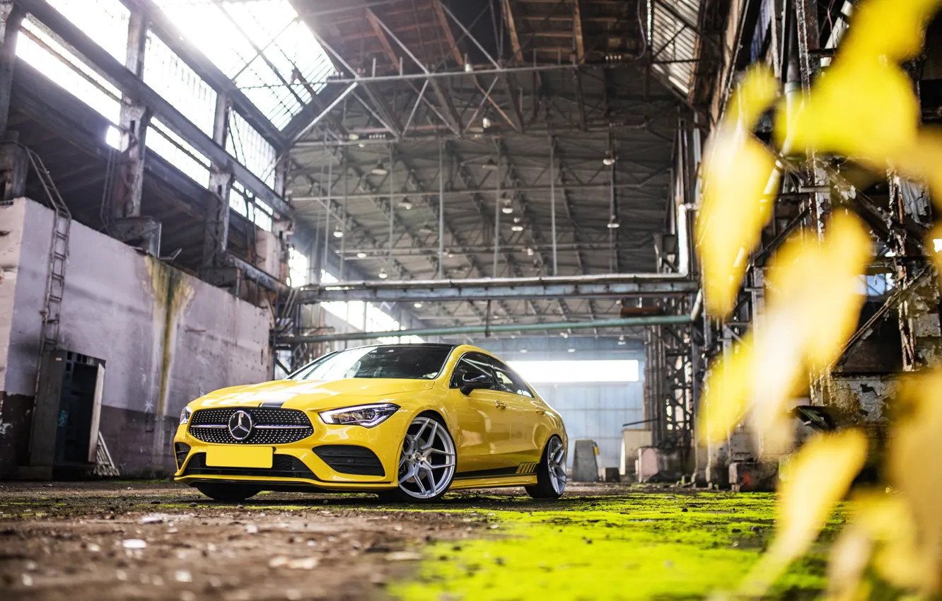 Photo wallpaper Mercedes, Front, Yellow, 4matic, Mercedes - Benz, CLA, CLA Class, Hangar