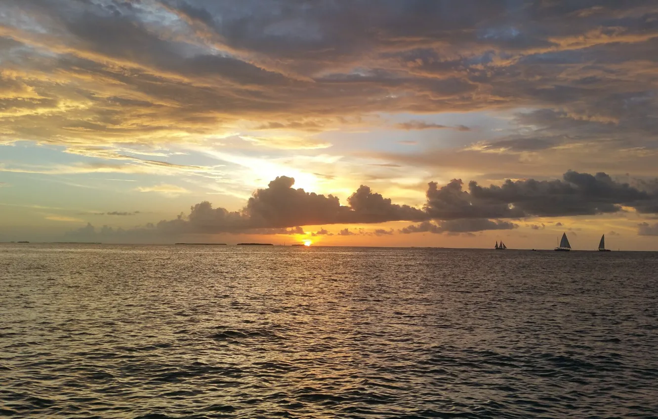 Photo wallpaper sail, nature, sea, the sky, horizon, clouds, sunset, ship