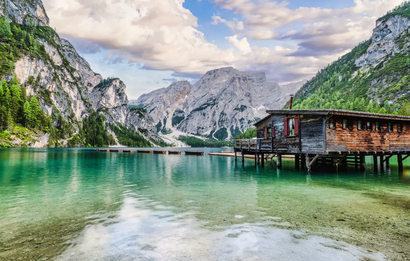 Photo wallpaper mountains, lake, shore, boat, Alps, fishing Lodge