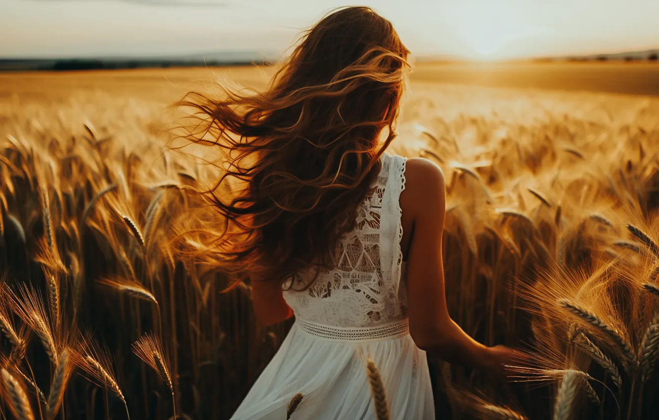 Photo wallpaper field, summer, girl, nature, rye, dress, spikelets, ears