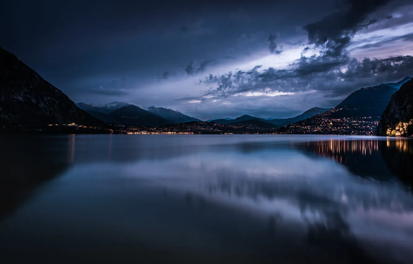 Photo wallpaper the sky, landscape, mountains, night, clouds, nature, city, the city