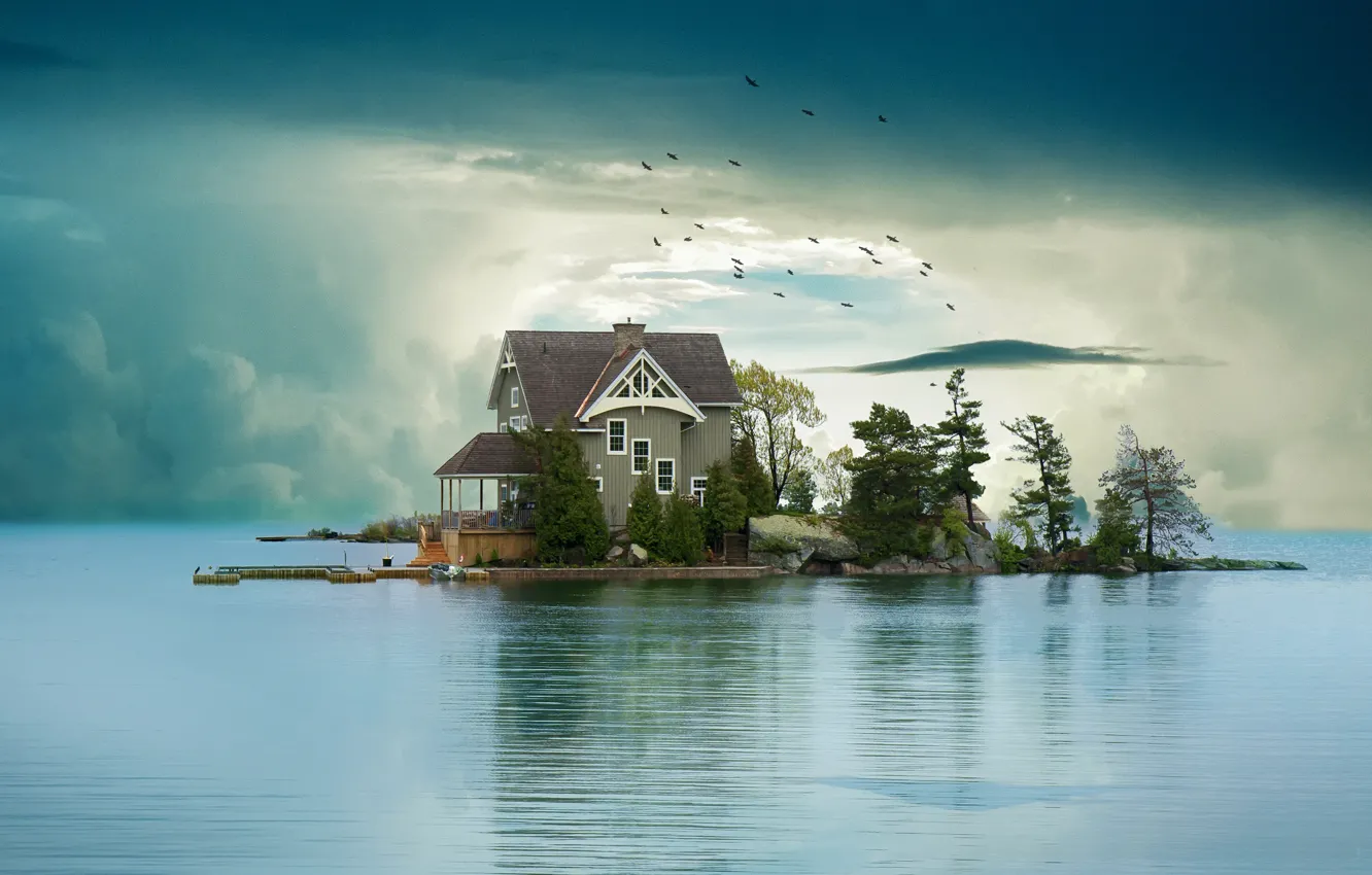 Photo wallpaper clouds, trees, birds, lake, house, rendering, island, pack
