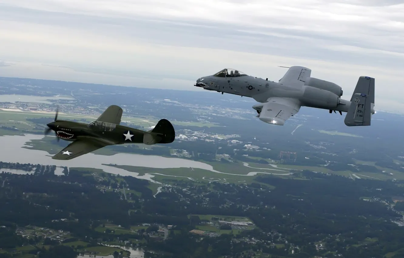 Photo wallpaper flight, earth, fighter, attack, A-10, Tomahawk, Thunderbolt II, Curtiss P-40