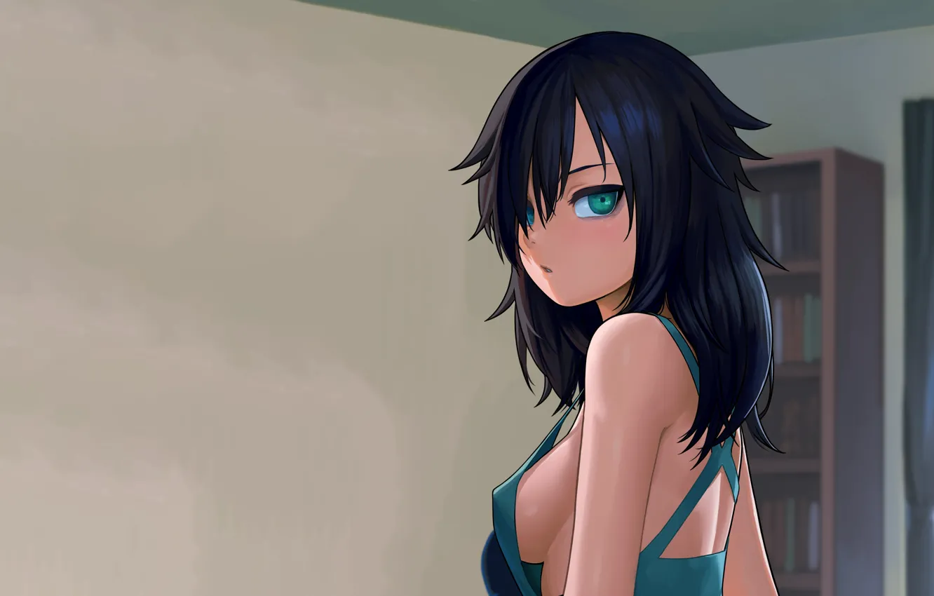 Photo wallpaper girl, sexy, cleavage, green eyes, long hair, dress, boobs, anime