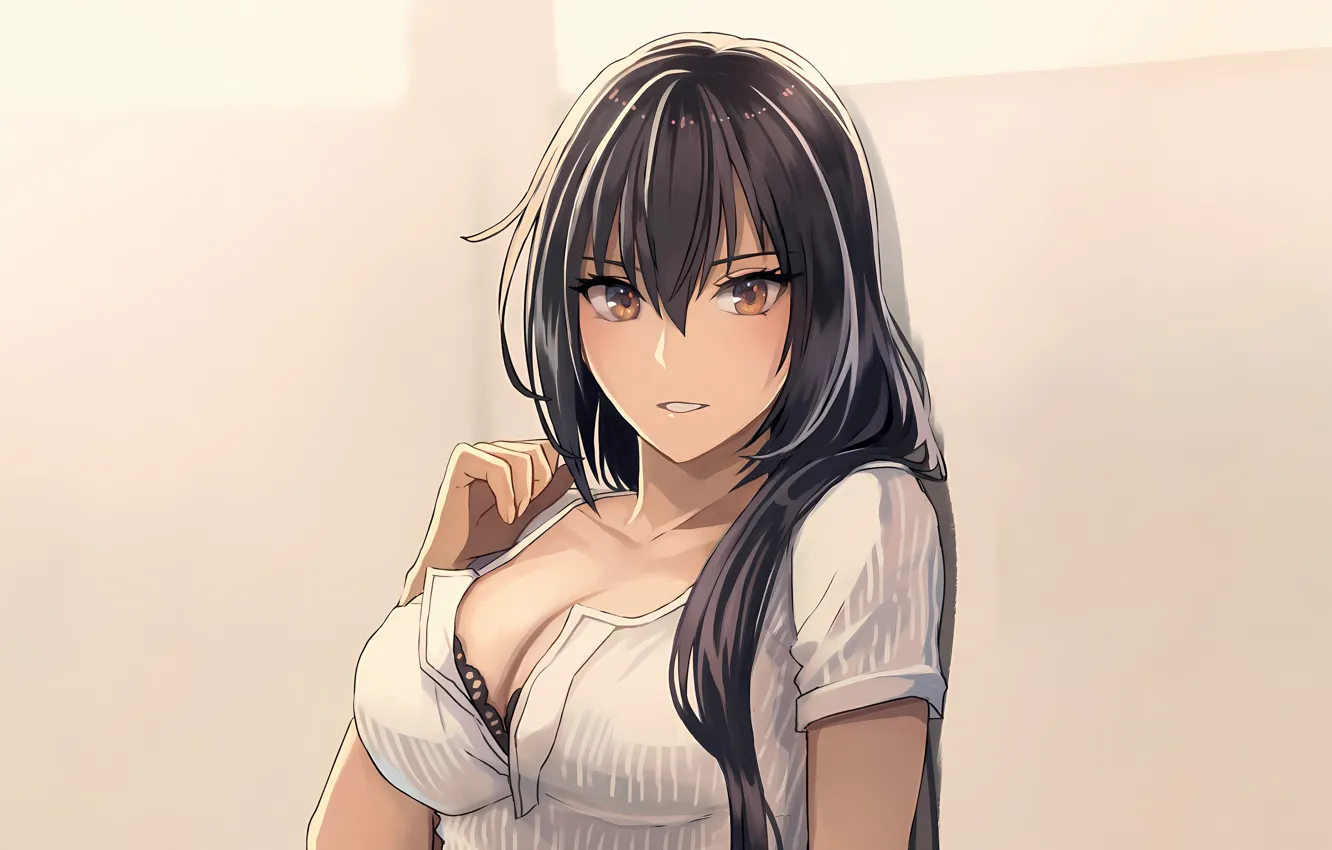 Photo wallpaper girl, sexy, cleavage, long hair, brown eyes, boobs, anime, beautiful