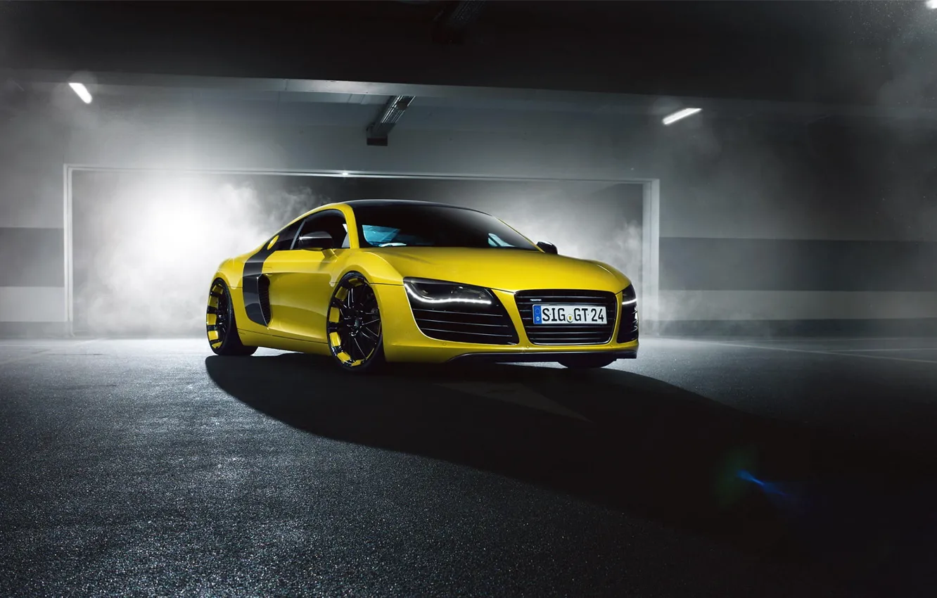 Photo wallpaper Audi, Front, Yellow, Smoke, Supercar, MTM