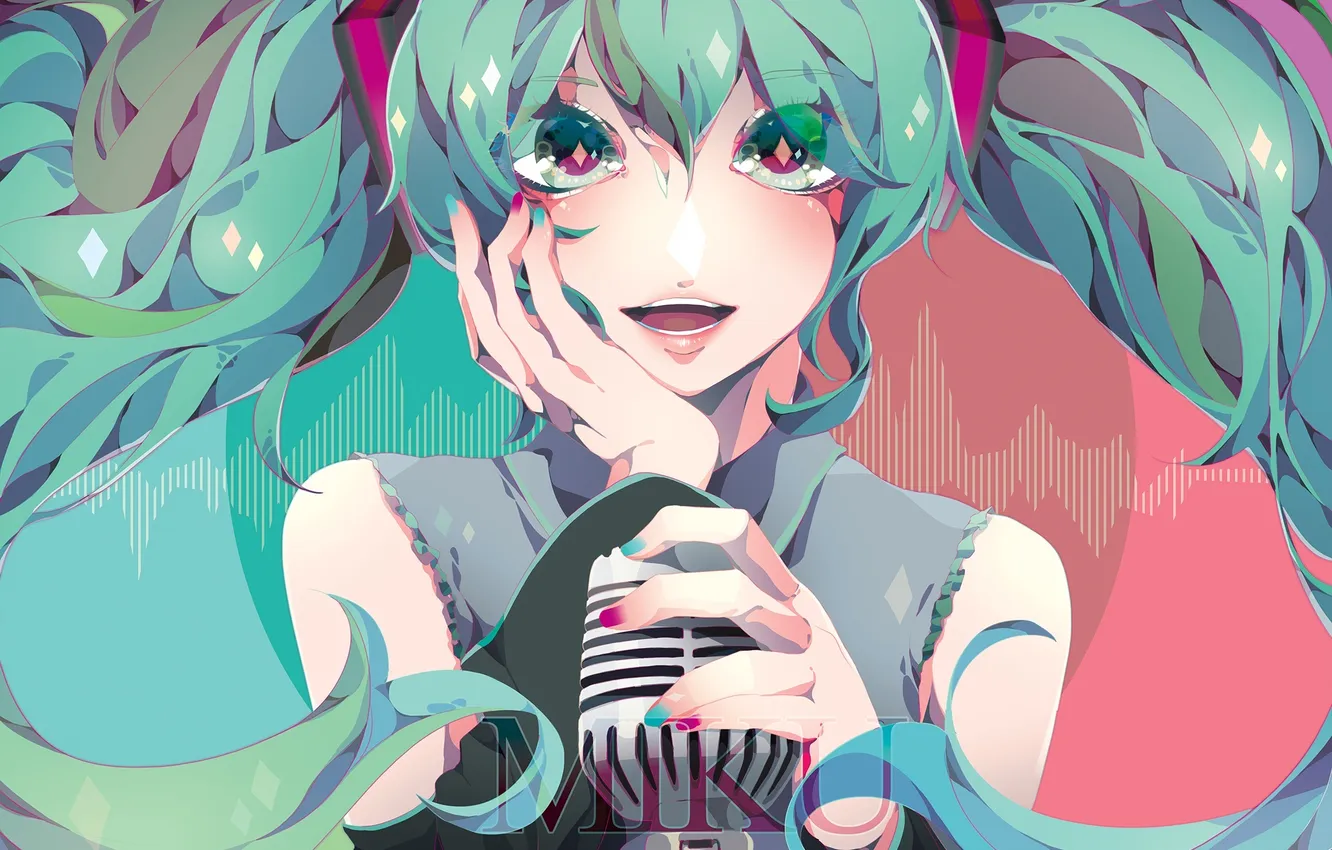 Photo wallpaper eyes, girl, joy, anime, art, microphone, vocaloid, hatsune miku