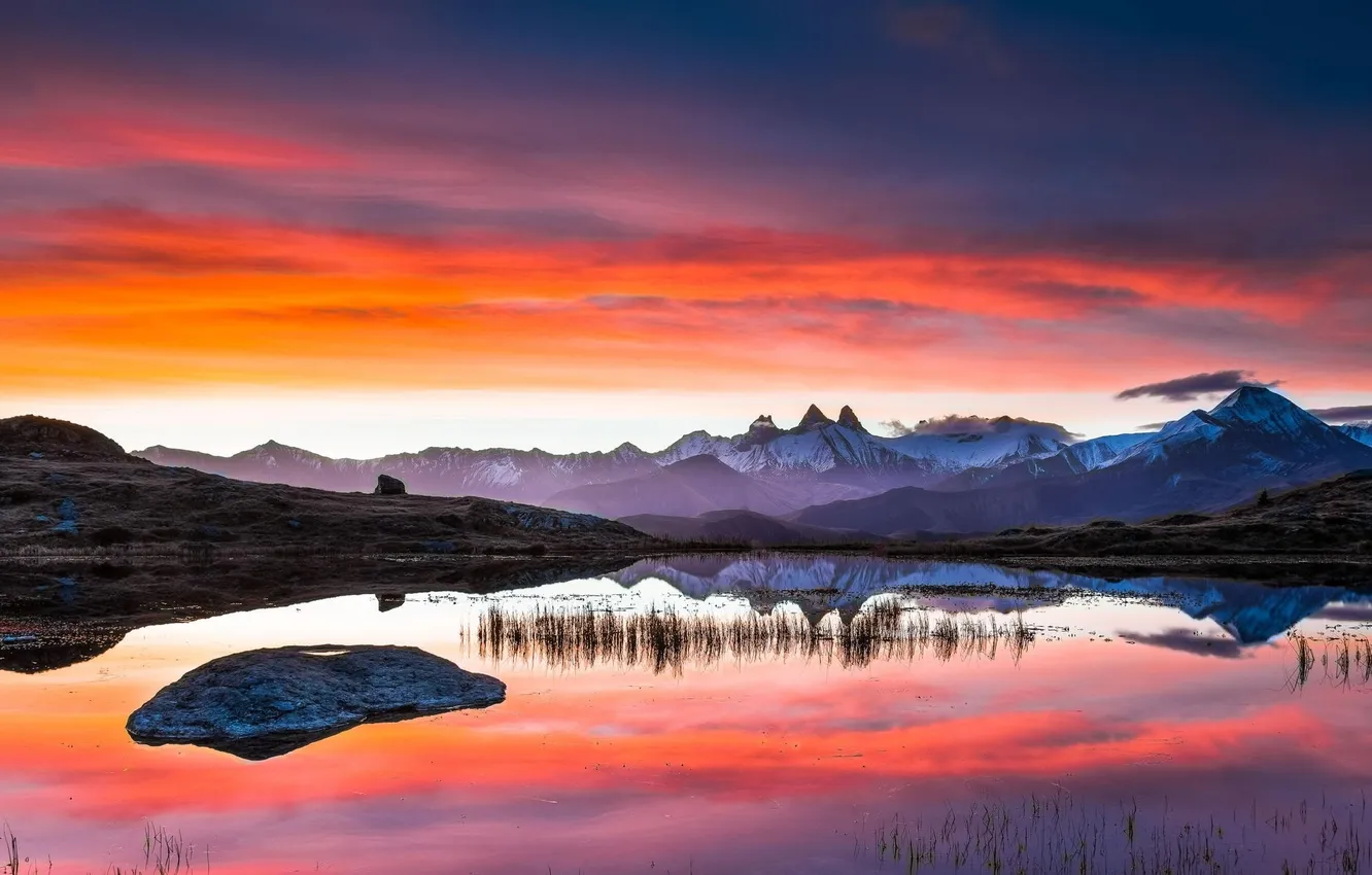 Photo wallpaper snow, landscape, mountains, lake, reflection, dawn