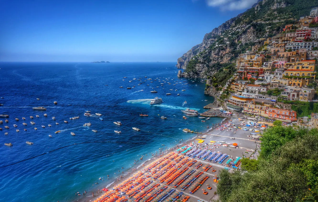 Photo wallpaper sea, beach, landscape, mountains, rocks, stay, coast, boat