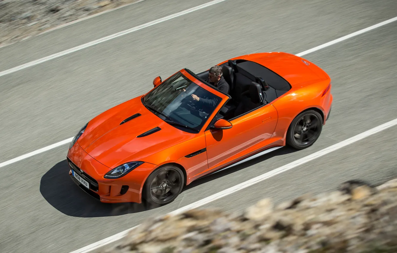 Photo wallpaper road, machine, orange, Jaguar, Jaguar, F-Type, V8 S