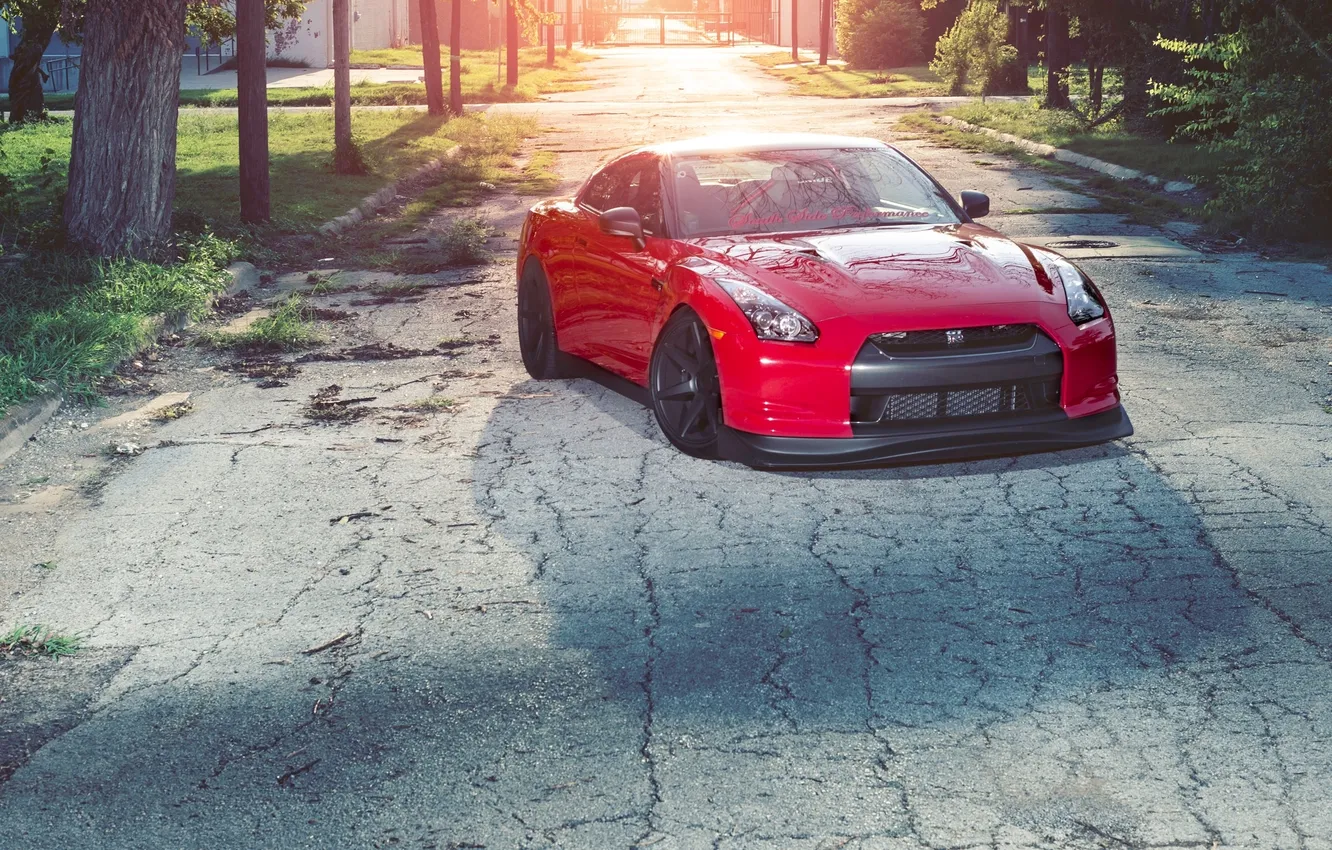 Photo wallpaper grass, asphalt, red, cracked, black, GTR, red, Nissan