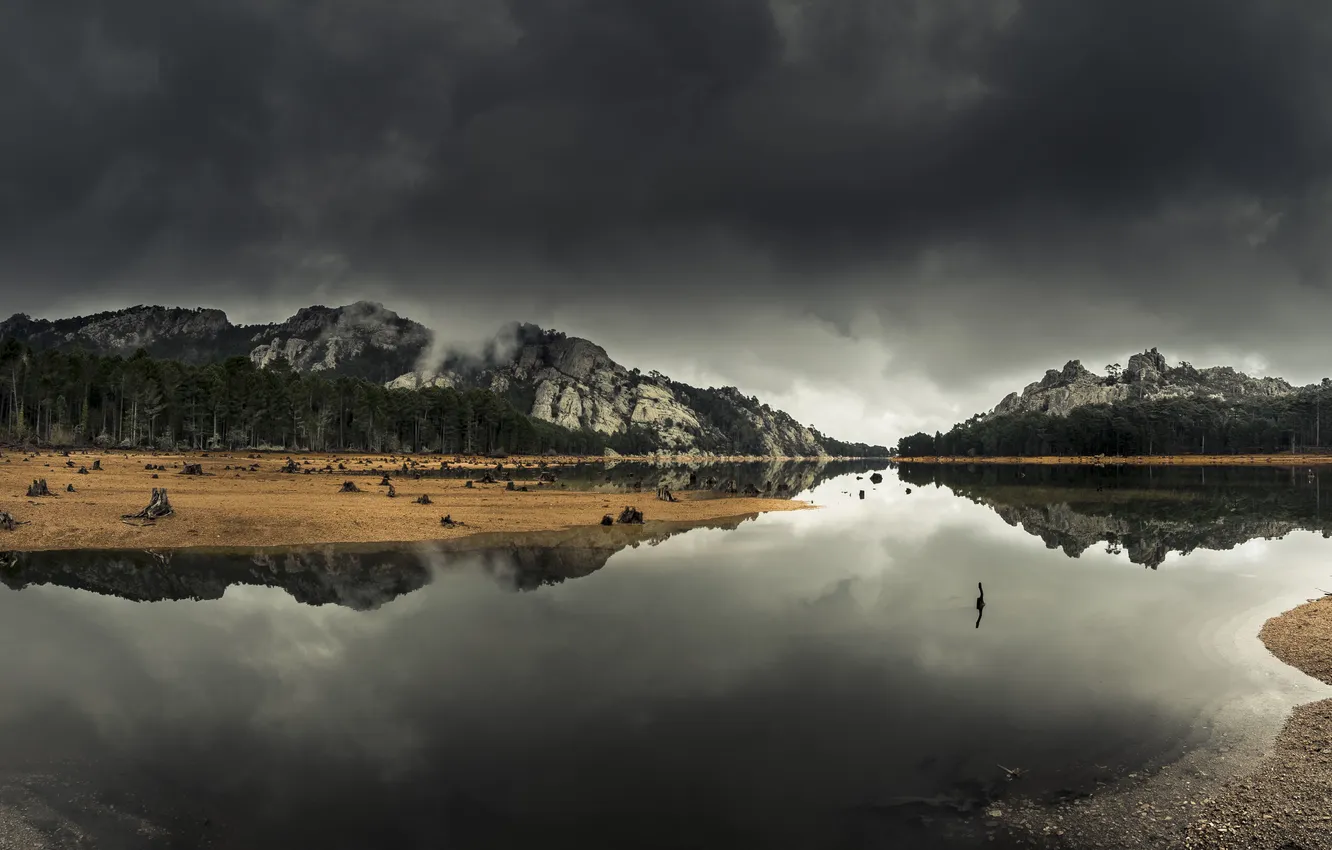 Photo wallpaper the storm, clouds, trees, lake, reflection, hills, mirror, stumps