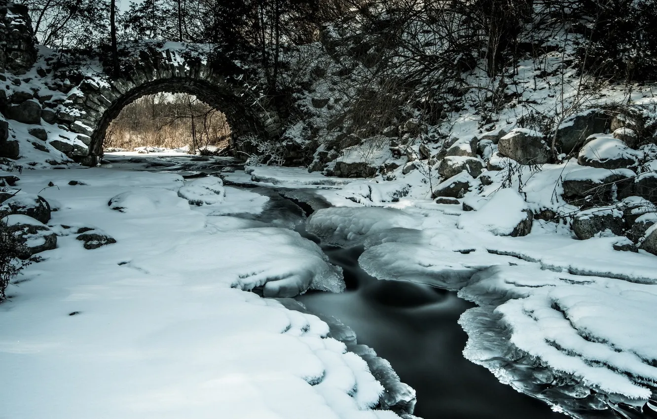 Photo wallpaper winter, bridge, river