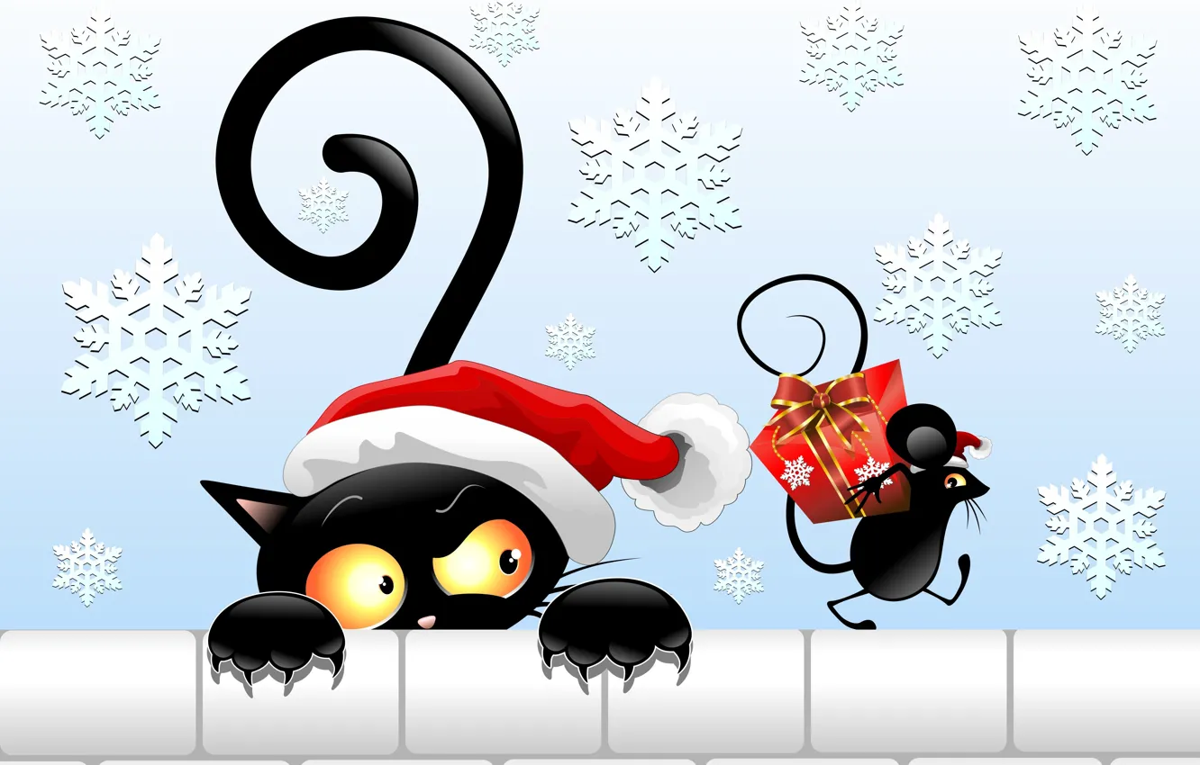 Photo wallpaper look, gift, hat, new year, vector, mouse, tail, black cat