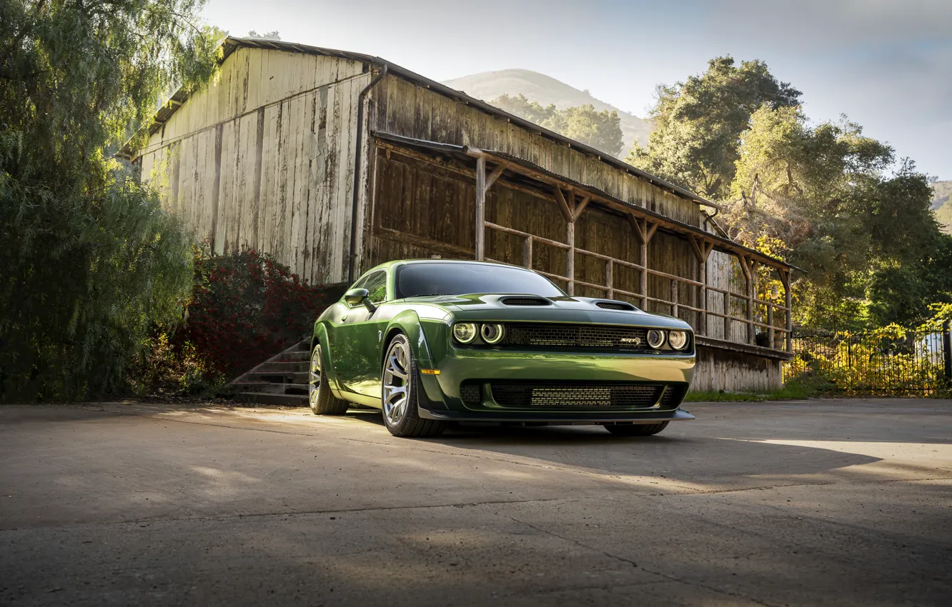 Photo wallpaper green, Dodge, Challenger, muscle car, perfomance, Dodge Challenger SRT Hellcat