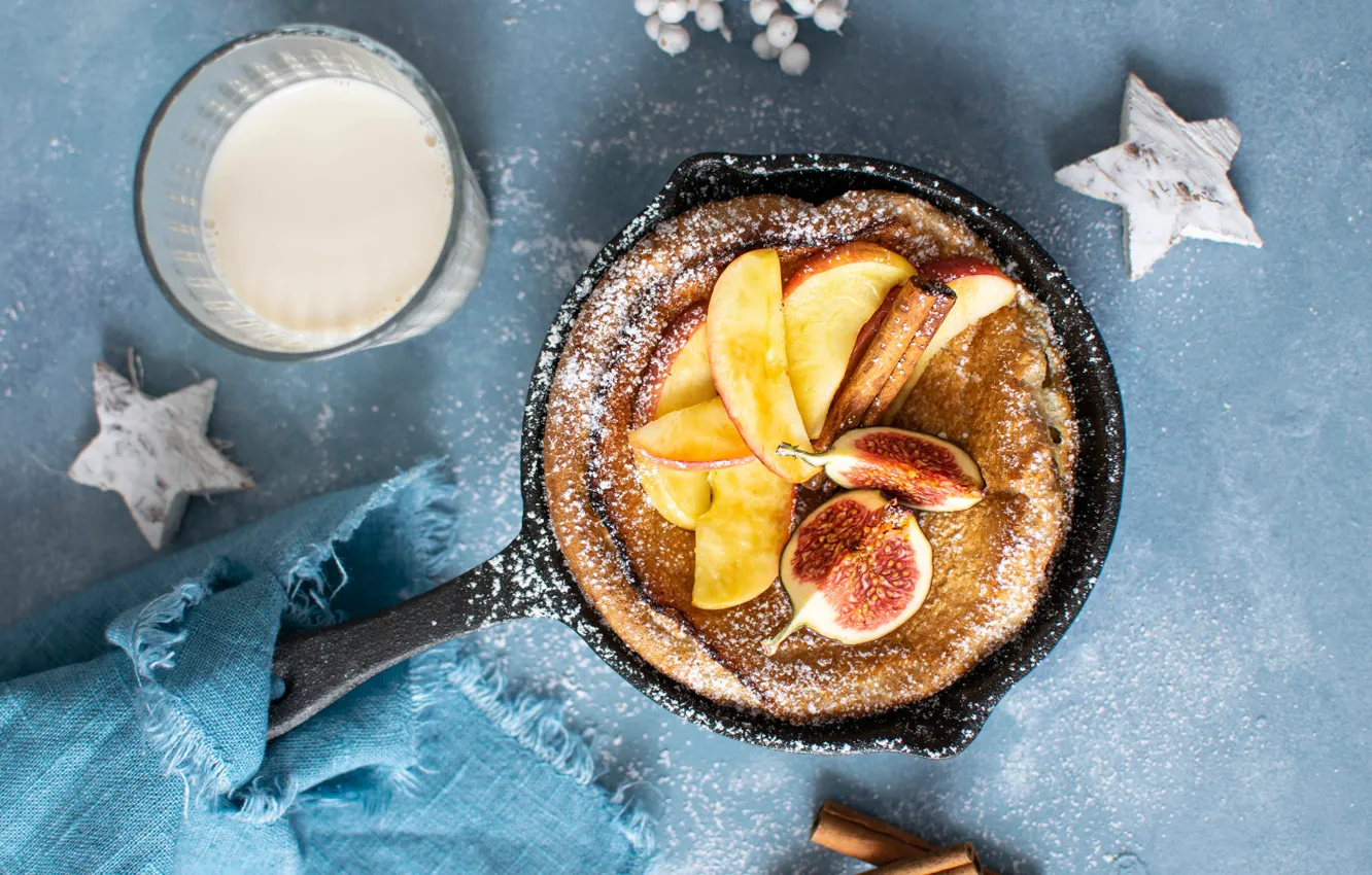 Photo wallpaper food, milk, pie, fabric, fruit, cinnamon, cakes, pan