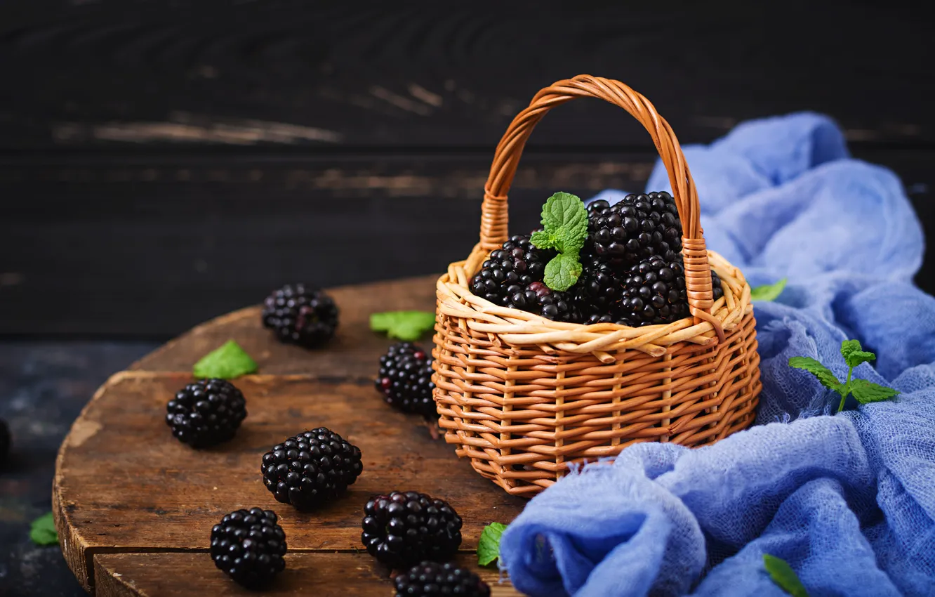 Photo wallpaper berries, basket, fresh, wood, BlackBerry, blackberry, berries