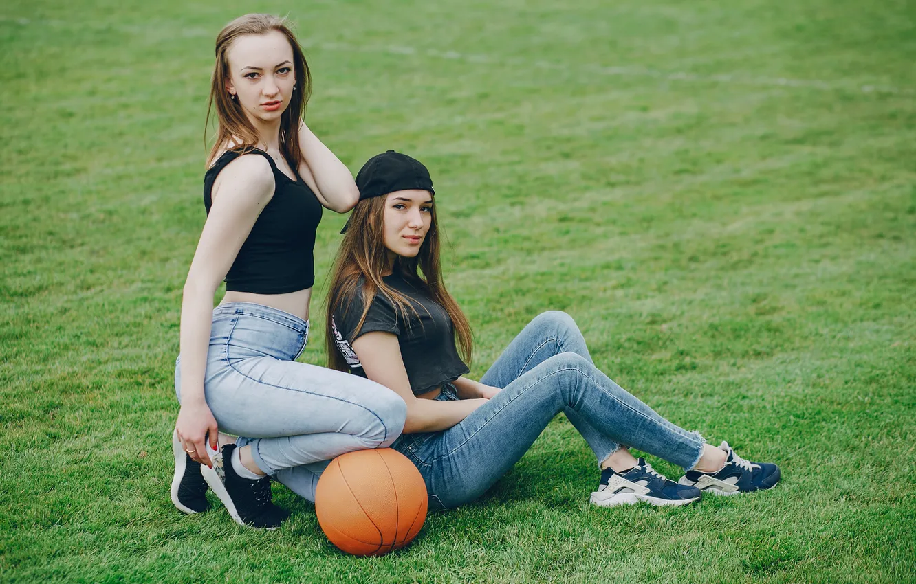 Photo wallpaper girls, jeans, sneakers, girlfriends, basketball ball
