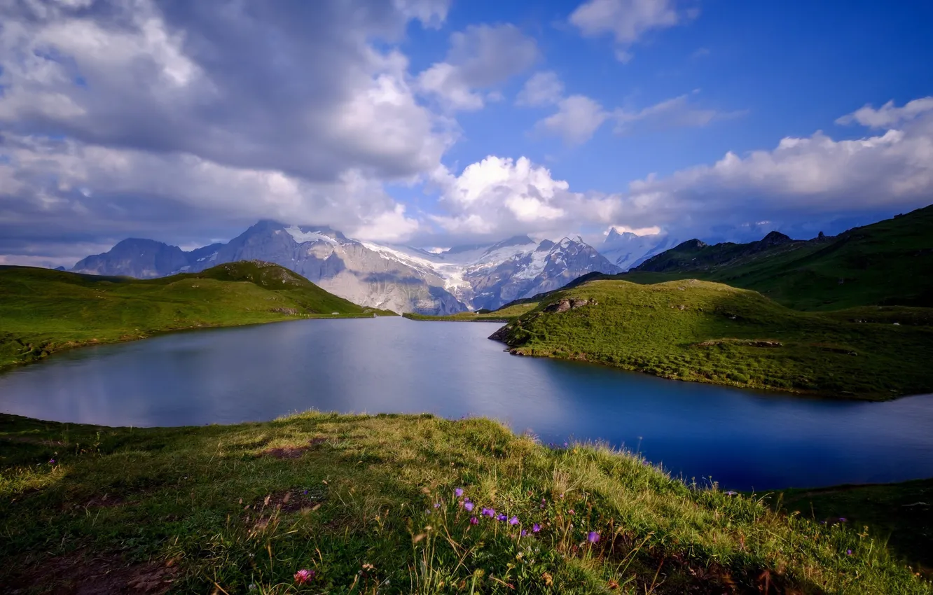 Photo wallpaper the sky, clouds, mountains, lake, Switzerland