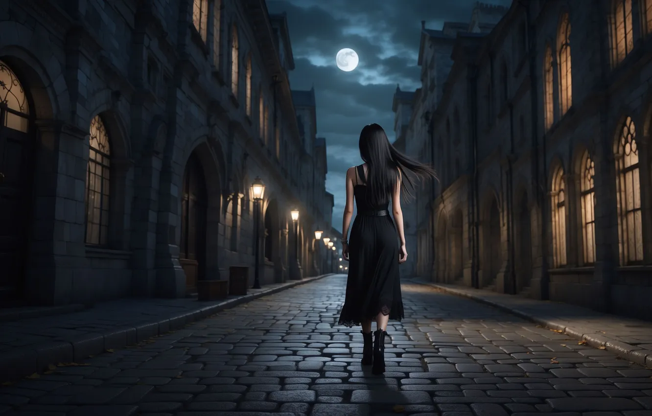Photo wallpaper girl, night, the city, Gothic, the moon, brunette, fantasy, in black