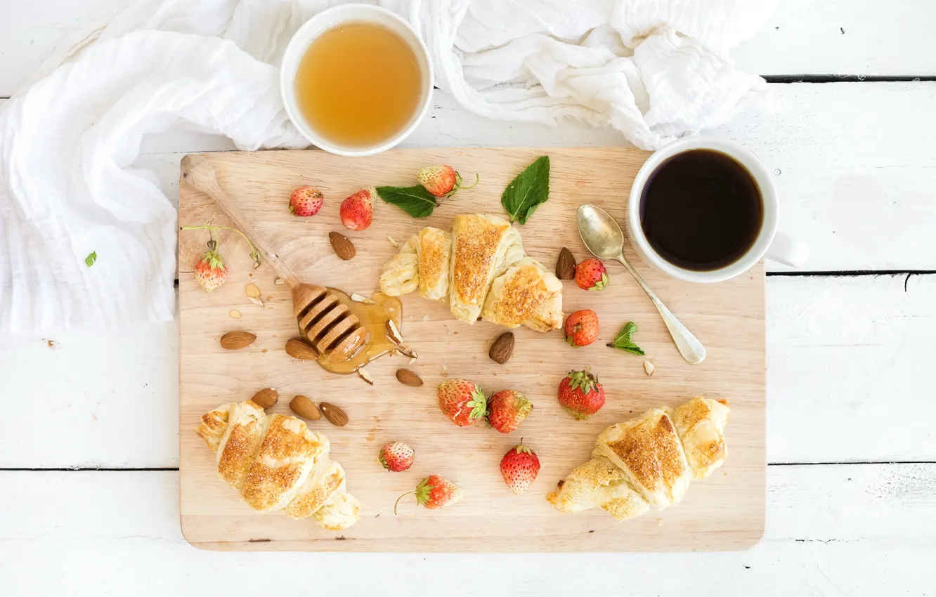Photo wallpaper berries, coffee, Breakfast, strawberry, honey, coffee cup, strawberry, breakfast