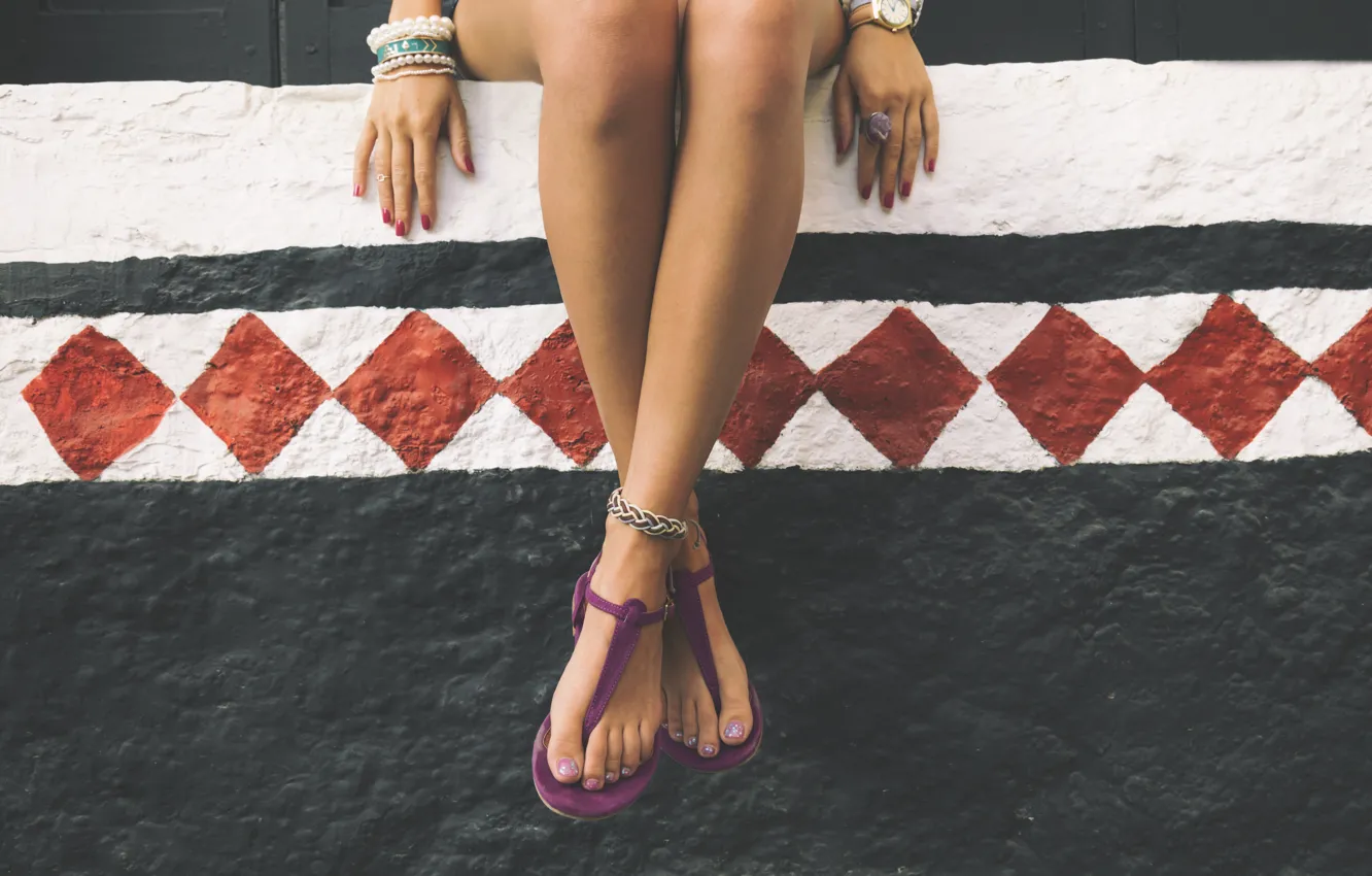 Photo wallpaper legs, woman, ring, watch, sandals