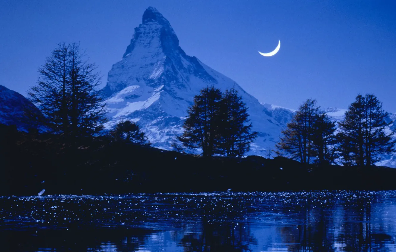 Photo wallpaper the sky, snow, trees, mountains, night, nature, river, rocks