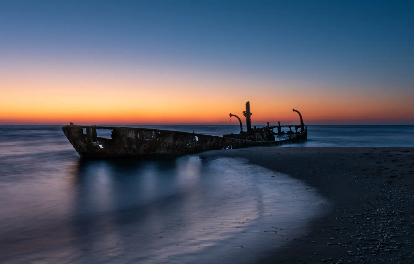 Photo wallpaper sea, sunset, Abandoned ship
