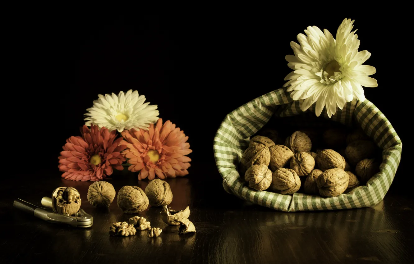 Photo wallpaper flowers, nuts, still life, bag, gerbera