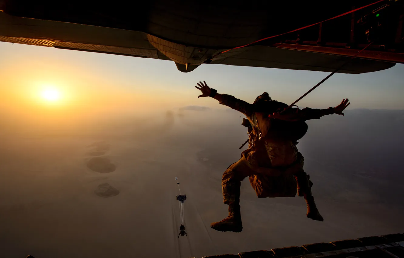 Photo wallpaper the sky, the sun, the plane, skydivers