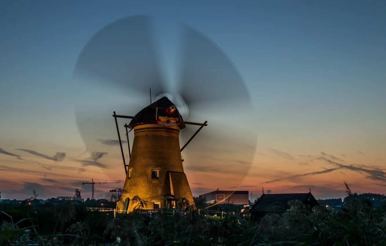 Photo wallpaper night, hdr, Netherlands, windmill