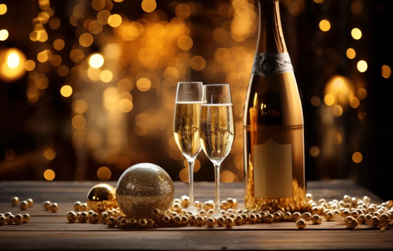 Photo wallpaper balls, lights, holiday, wine, Shine, glass, bottle, new year