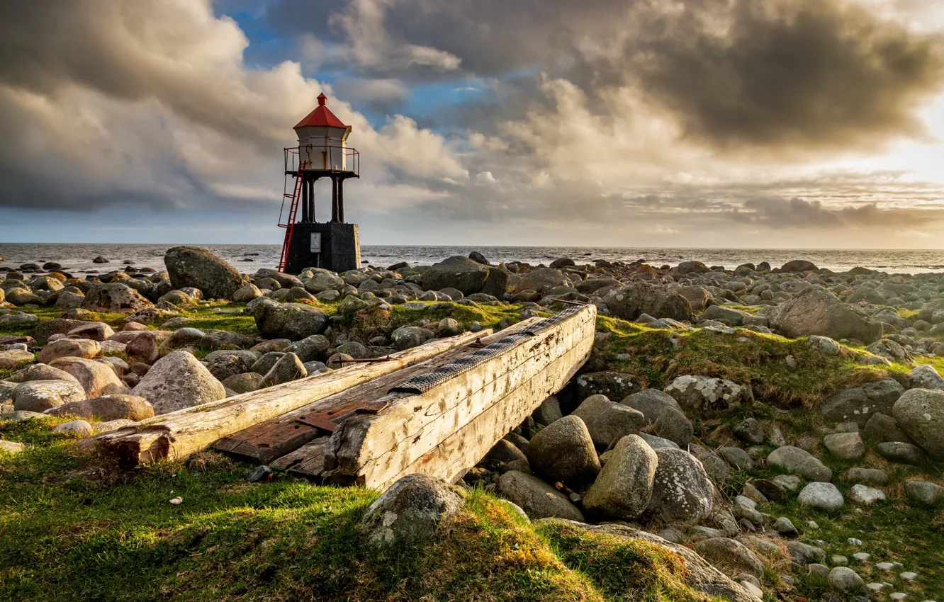 Photo wallpaper the sky, clouds, stones, coast, lighthouse, horizon