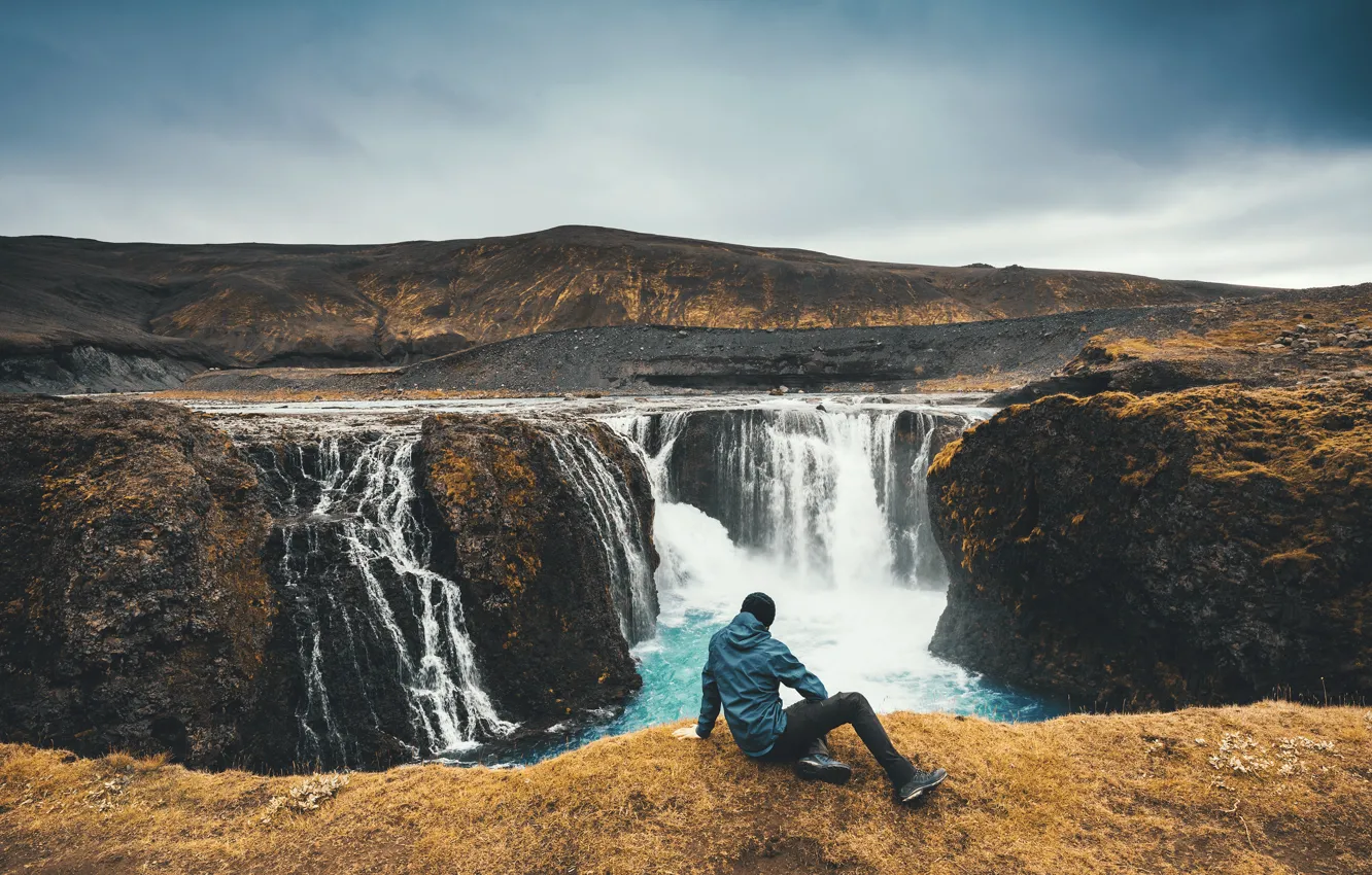 Photo wallpaper nature, rocks, shore, waterfall, stream, male, tourists