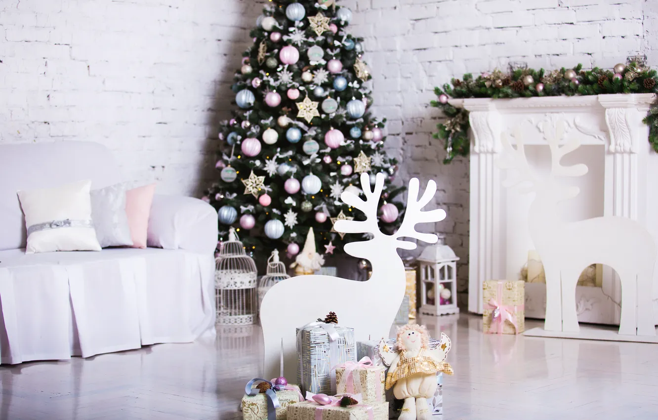 Photo wallpaper decoration, room, toys, tree, New Year, Christmas, gifts, white
