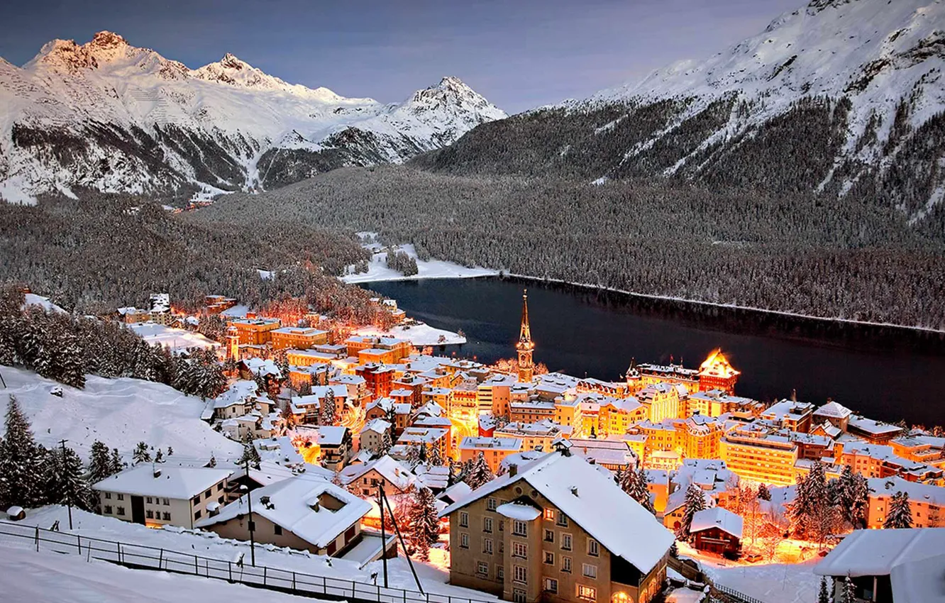 Photo wallpaper landscape, mountains, lights, lake, home, Switzerland, St. Moritz