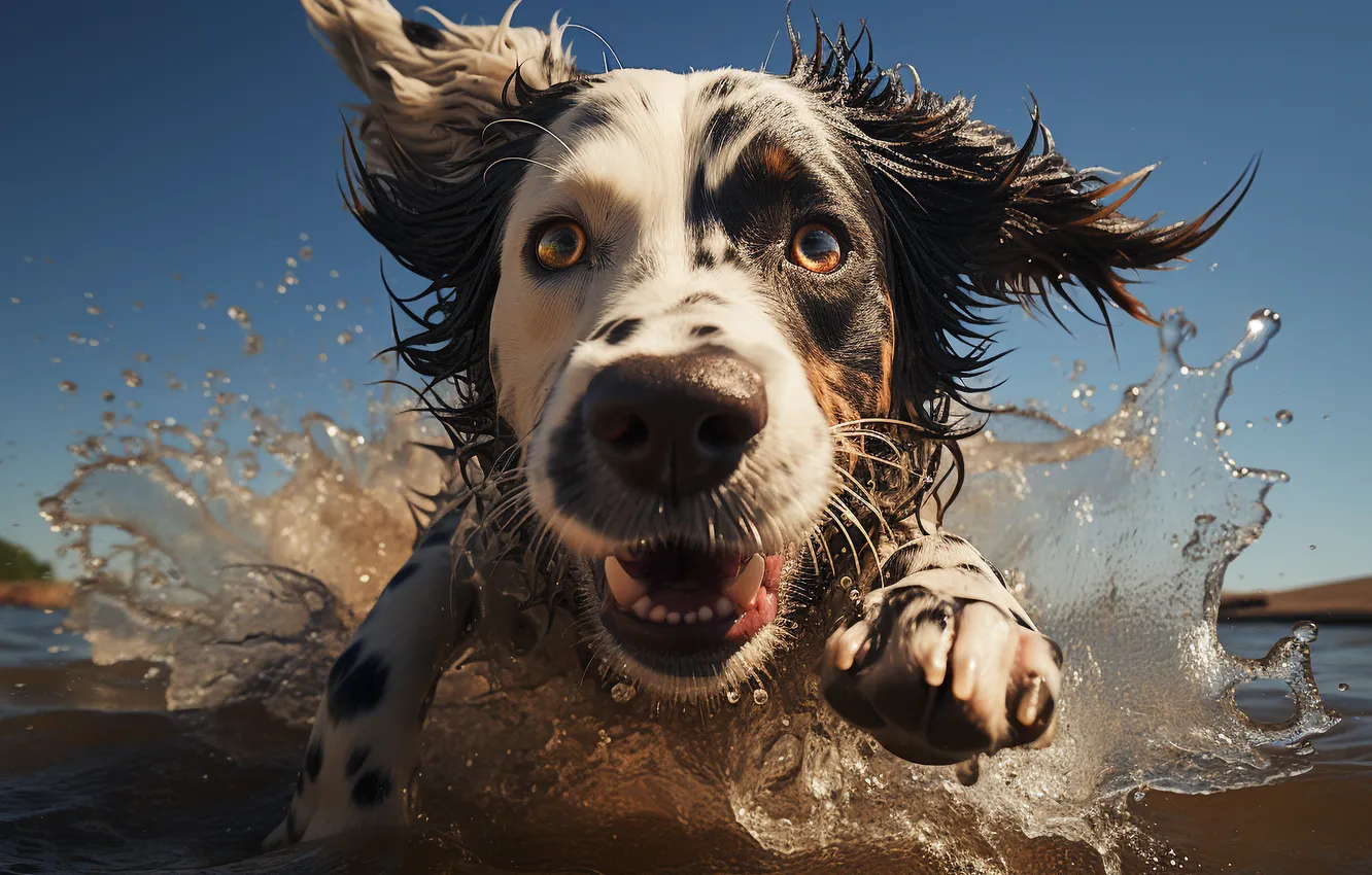 Photo wallpaper face, water, joy, dog, running, digital art, AI art, The Art of Artificial Intelligence