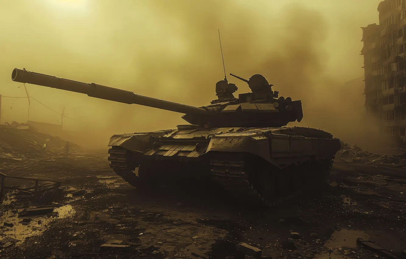 Photo wallpaper smoke, building, dust, tank, devastation, digital art, AI art, The Art of Artificial Intelligence